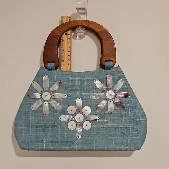 Vintage MOP accents wood handle bag purse 60s style material retro EUC - Picture 4 of 10